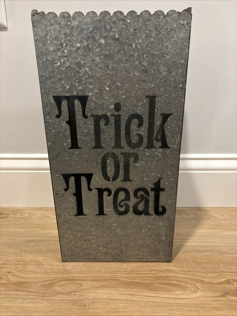 Halloween Candle Holder Galvanized Metal “Trick Or Treat” 7.5x4.75x15”